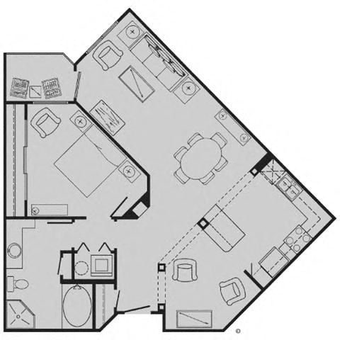 Floor plan for 1 bed, 1 bath, 850 sqft