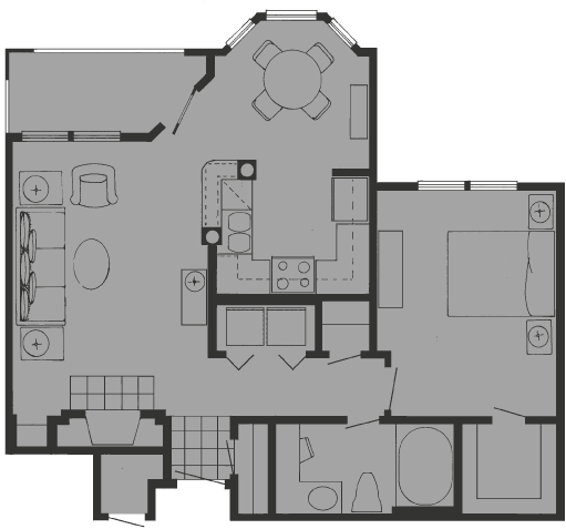 Floor plan for 1 bed, 1 bath, 725 sqft