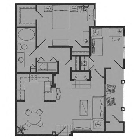 Floor plan for 1 bed, 1 bath, 816 sqft