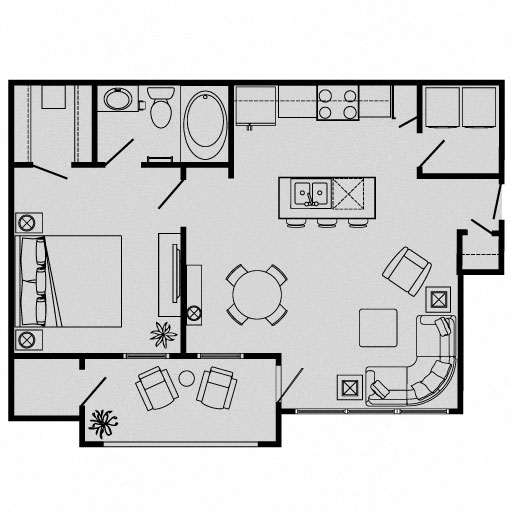 Floor plan for 1 bed, 1 bath, 665 sqft