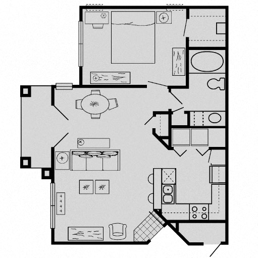 Floor plan for 1 bed, 1 bath, 748 sqft