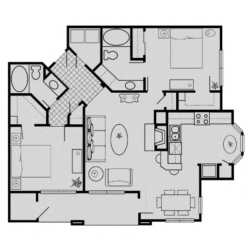 Floor plan for 2 beds, 2 baths, 1167 sqft