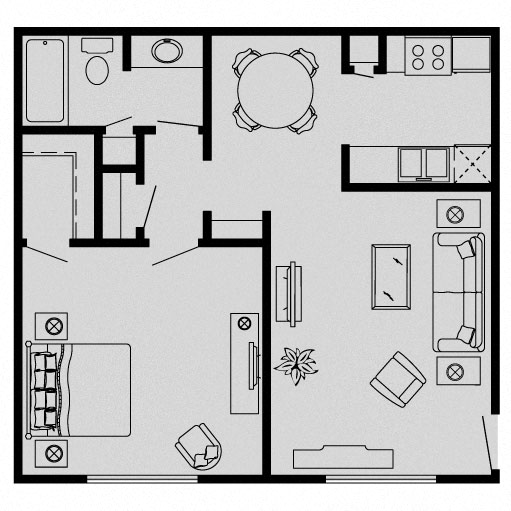 Floor plan for 1 bed, 1 bath, 650 sqft