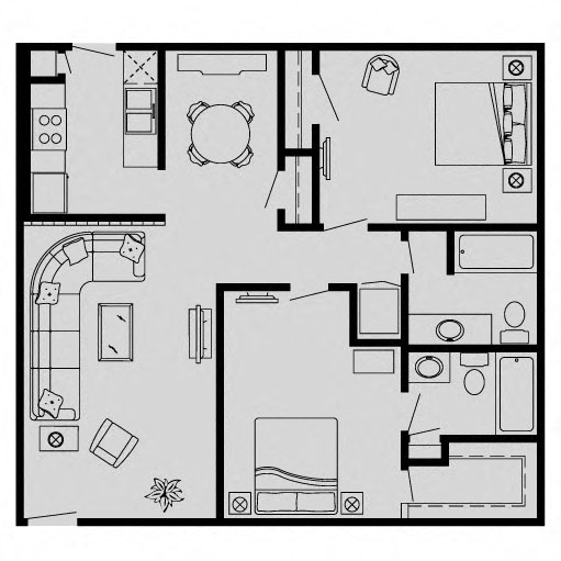Floor plan for 2 beds, 2 baths, 960 sqft