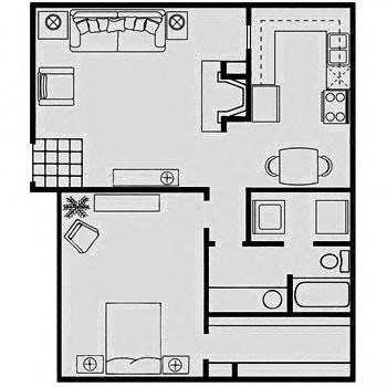 Floor plan for 1 bed, 1 bath, 796 sqft