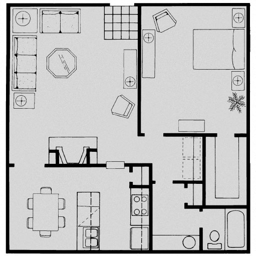 Floor plan for 1 bed, 1 bath, 870 sqft