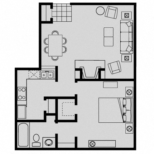 Floor plan for 1 bed, 1 bath, 639 sqft