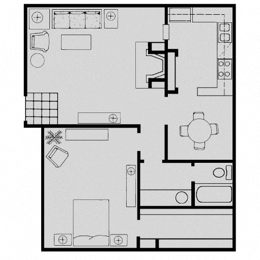 Floor plan for 1 bed, 1 bath, 796 sqft