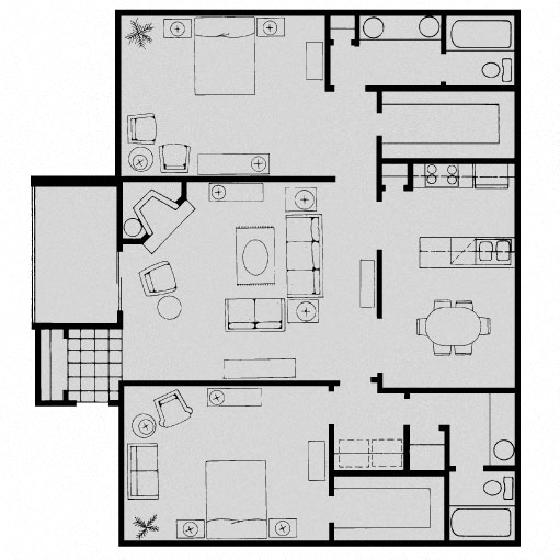 Floor plan for 2 beds, 2 baths, 1250 sqft