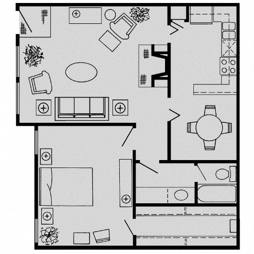 Floor plan for 1 bed, 1 bath, 813 sqft