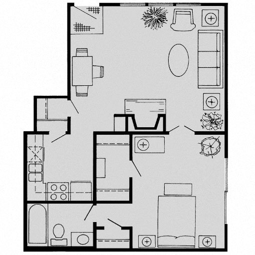Floor plan for 1 bed, 1 bath, 724 sqft