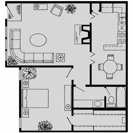 Floor plan for 1 bed, 1 bath, 797 sqft