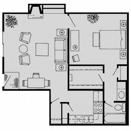 Floor plan for 1 bed, 1 bath, 724 sqft