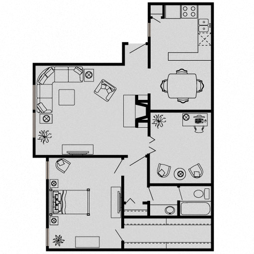 Floor plan for 1 bed, 1 bath, 981 sqft