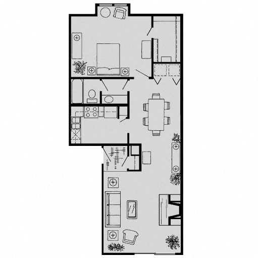 Floor plan for 1 bed, 1 bath, 902 sqft