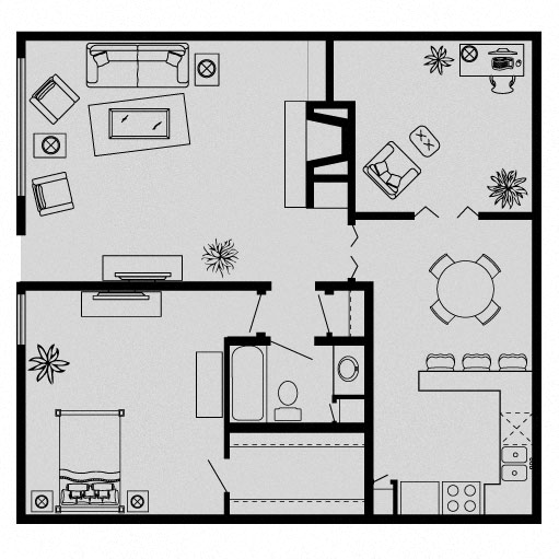 Floor plan for 1 bed, 1 bath, 981 sqft