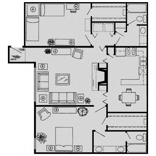 Floor plan for 2 beds, 2 baths, 1253 sqft