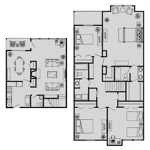 Floor plan for 4 beds, 2.5 baths, 1958 sqft