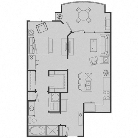 Floor plan for 1 bed, 1 bath, 713 sqft