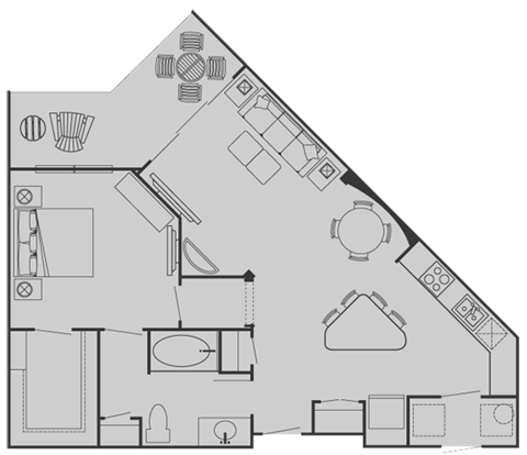 Floor plan for 1 bed, 1 bath, 850 sqft