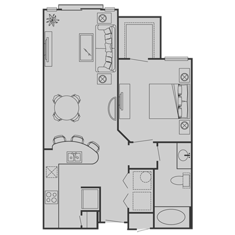 Floor plan for 1 bed, 1 bath, 722 sqft