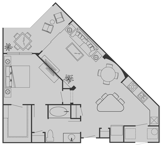 Floor plan for 1 bed, 1 bath, 819 sqft