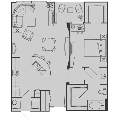 Floor plan for 1 bed, 1 bath, 970 sqft
