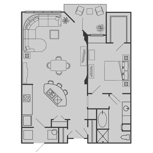Floor plan for 1 bed, 1 bath, 970 sqft