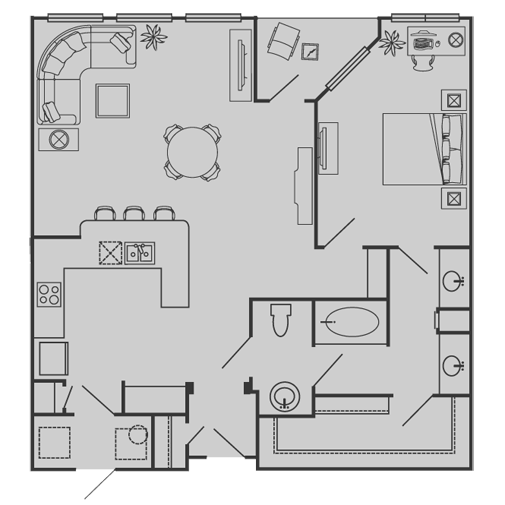 Floor plan for 1 bed, 1 bath, 1020 sqft