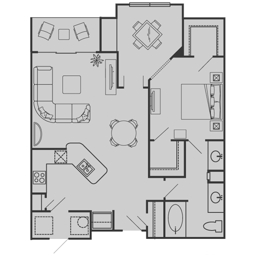 Floor plan for 1 bed, 1 bath, 927 sqft