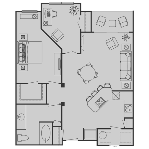 Floor plan for 1 bed, 1 bath, 925 sqft