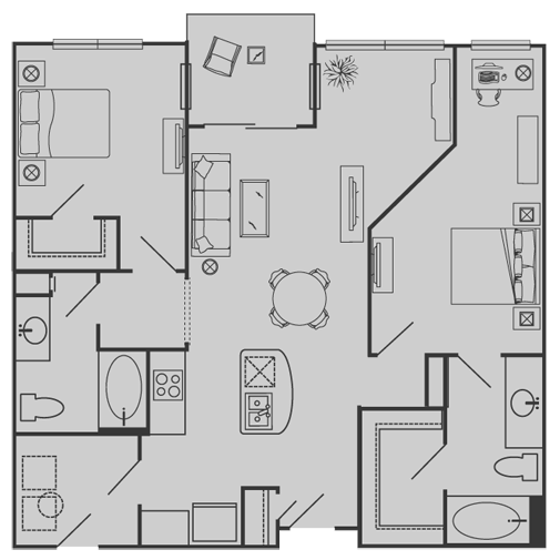 Floor plan for 2 beds, 2 baths, 1114 sqft