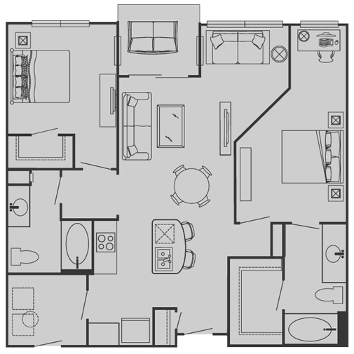Floor plan for 2 beds, 2 baths, 1114 sqft