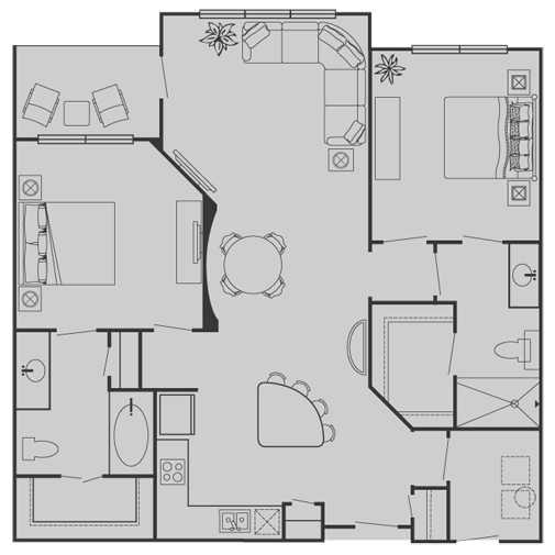 Floor plan for 2 beds, 2 baths, 1126 sqft