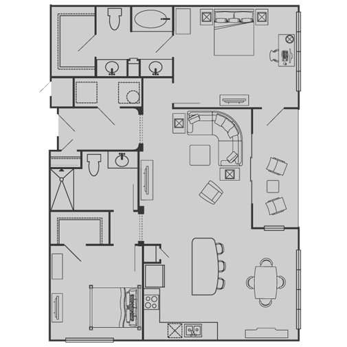 Floor plan for 2 beds, 2 baths, 1353 sqft