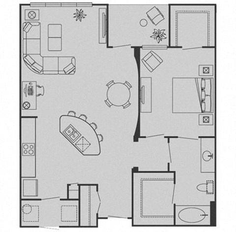 Floor plan for 1 bed, 1 bath, 907 sqft