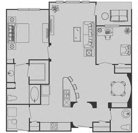 Floor plan for 1 bed, 1.5 baths, 1107 sqft