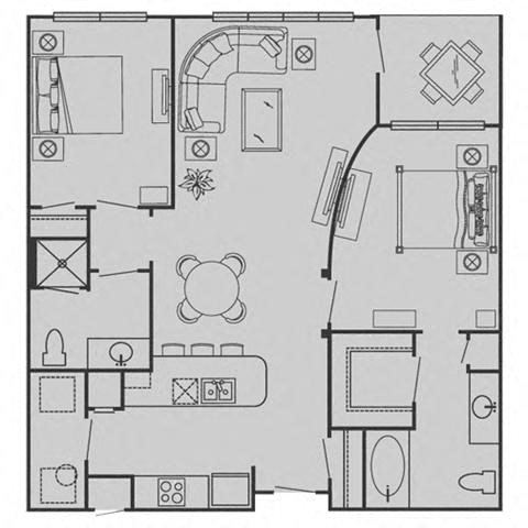 Floor plan for 2 beds, 2 baths, 988 sqft