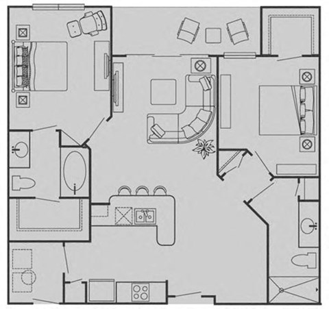 Floor plan for 2 beds, 2 baths, 1055 sqft