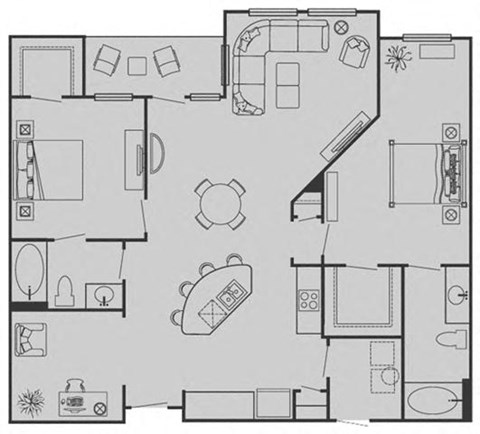 Floor plan for 2 beds, 2 baths, 1273 sqft