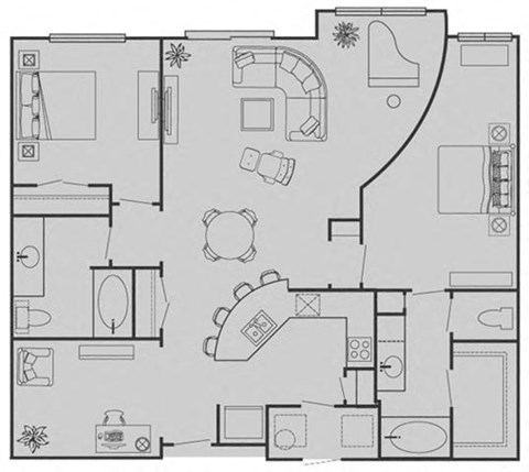 Floor plan for 2 beds, 2 baths, 1322 sqft