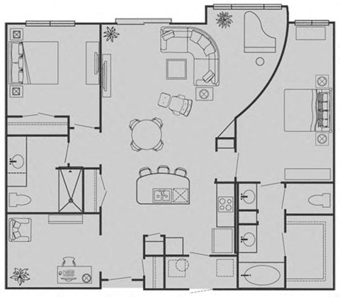 Floor plan for 2 beds, 2 baths, 1374 sqft