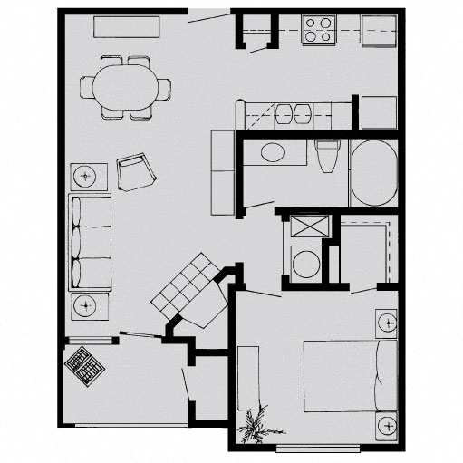 Floor plan for 1 bed, 1 bath, 620 sqft