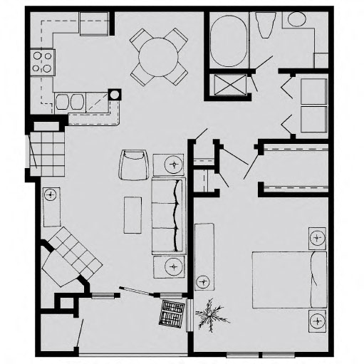 Floor plan for 1 bed, 1 bath, 716 sqft