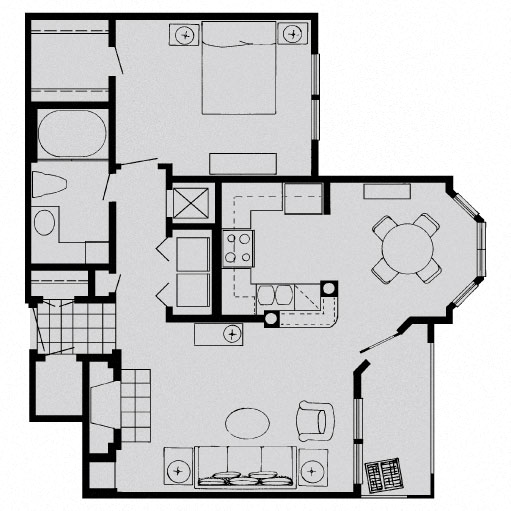 Floor plan for 1 bed, 1 bath, 722 sqft