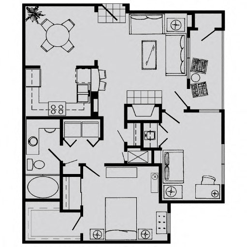 Floor plan for 1 bed, 1 bath, 832 sqft