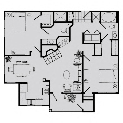 Floor plan for 2 beds, 2 baths, 1035 sqft