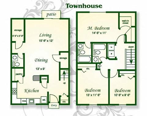Floor plan for 3 beds, 2.5 baths, 1491 sqft
