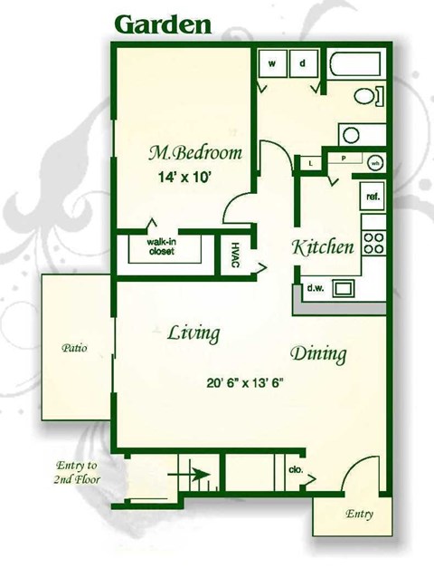 Floor plan for 1 bed, 1 bath, 799 sqft