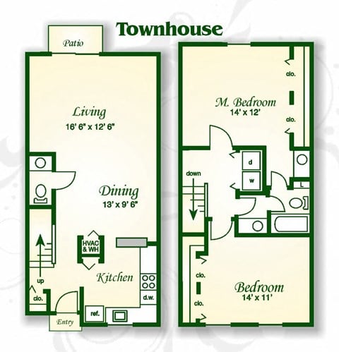 Floor plan for 2 beds, 1.5 baths, 1154 sqft